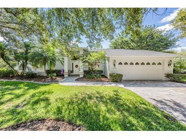 Charming single-story home with a well-manicured lawn, mature trees, and inviting curb appeal at 18806 Autumn Lake Blvd, Hudson, FL 34667