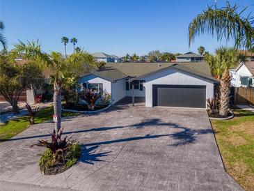 Charming one-story home featuring lush tropical landscaping, a spacious driveway, and a convenient two-car garage at 7309 Islander Ln, Hudson, FL 34667