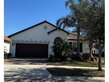 Charming single-story home featuring a well-manicured lawn and a two-car garage at 16868 Scuba Crest St, Wimauma, FL 33598