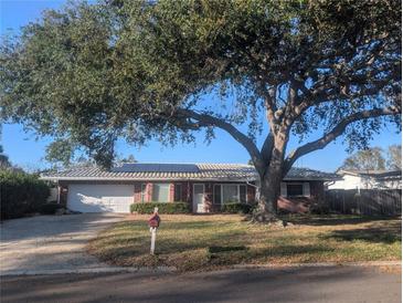 Charming brick home featuring a sprawling front yard with a mature, shade-providing tree at 13913 Dominica Dr, Seminole, FL 33776