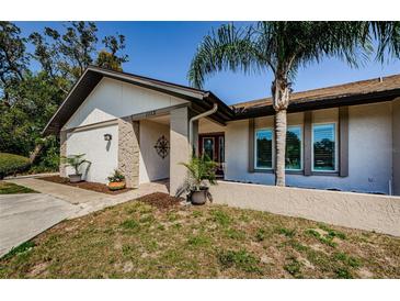 Inviting single-story home featuring a stone facade, lush landscaping, and a welcoming entryway at 1113 Carlton Rd, Tarpon Springs, FL 34689