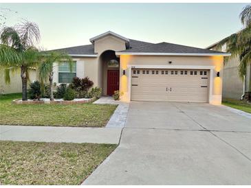 Charming single-story home featuring a well-manicured lawn, a two-car garage, and tropical landscaping at 924 Peregrine Hill Pl, Ruskin, FL 33570