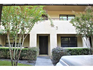 Inviting front entrance with a dark-colored door, landscaping and a textured facade, framed by trees at 4983 Puritan Cir # 524, Tampa, FL 33617