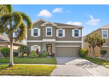 Charming two-story home with a well-manicured lawn, complemented by a lush palm tree and beautiful landscaping at 707 Fern Leaf Dr, Ruskin, FL 33570