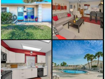 Property collage including the front exterior, living room, kitchen, and pool area at 858 Cambridge Ct # 858, Dunedin, FL 34698