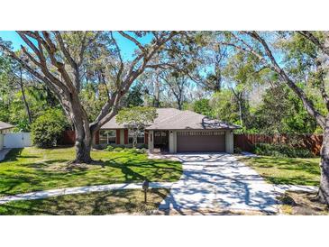 Charming single-story home with a large tree and a two-car garage at 2504 Woodcote Ter, Palm Harbor, FL 34685