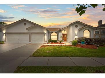 Charming single-story home featuring a well-manicured lawn and a two-car garage, illuminated by a colorful sunset at 9408 Bluebird Dr, Tampa, FL 33647