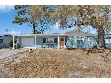 Charming single-story home with a light blue exterior, covered porch, and a well-maintained front yard with a pink front door at 4111 Moog Rd, Holiday, FL 34691