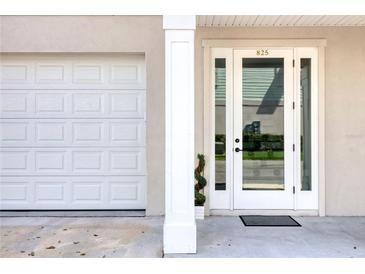 Inviting front entrance features a white door with sidelights and a view of the home's interior at 825 Oak Bend Ln, Dunedin, FL 34698