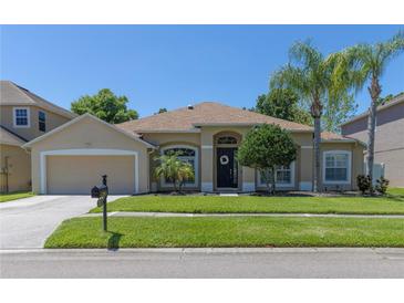 Charming single-story home featuring a well-manicured lawn, attached garage, and inviting front entrance at 3233 Russett Pl, Land O Lakes, FL 34638