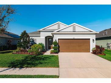 Charming single-story home with a manicured lawn and a two-car garage on a sunny day at 5807 Silver Sun Dr, Apollo Beach, FL 33572