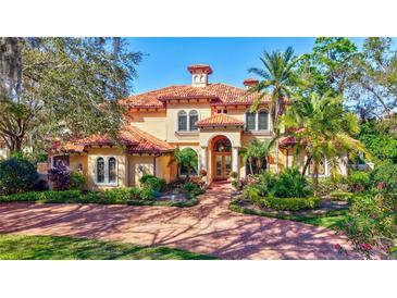 Stunning Mediterranean-style home featuring a red tile roof and meticulously landscaped front yard at 16205 Sierra De Avila, Tampa, FL 33613