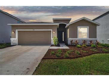 Charming single-Gathering home featuring a well-manicured lawn and a two-car garage at 1409 Tropical Oasis Ave, Plant City, FL 33565