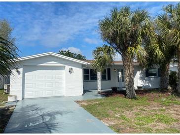 Charming single-story home featuring a white exterior, attached garage, and lush palm trees at 5253 Falcon Dr, Holiday, FL 34690