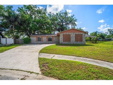 Charming single-story home with stone accents, mature trees, and a curved driveway on a sunny day at 801 Chess Pl, Seffner, FL 33584