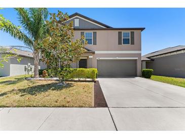 Charming two-story home featuring a well-maintained lawn and a two-car garage at 14618 Scottburgh Glen Dr, Wimauma, FL 33598