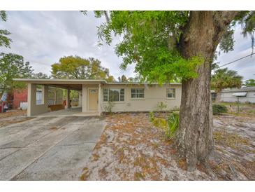 Charming single-story home featuring a covered carport and beautifully shaded front yard with mature trees at 434 Pevetty Dr, Plant City, FL 33563