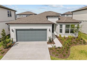 Charming single-Gathering home featuring a gray garage door, landscaped yard, and a welcoming walkway at 20723 Balsam Hill Rd, Land O Lakes, FL 34638