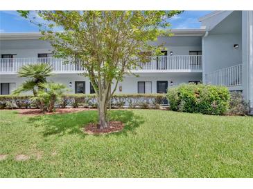 Two-story condo building with manicured lawn and lush landscaping offers a tranquil outdoor living experience at 313 Martha Ln # 4, Oldsmar, FL 34677