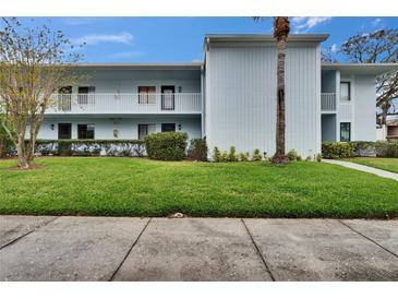 Two-story condo building with well-maintained lawn and a palm tree in a tropical setting at 313 Martha Ln # 4, Oldsmar, FL 34677