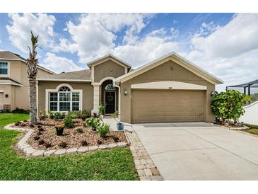 Charming one-story home with a well-manicured lawn, lovely landscaping and a two car garage at 9211 Seeger Ln, Land O Lakes, FL 34638