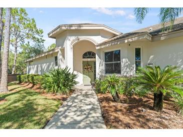 Charming home featuring a well-manicured lawn with lush greenery, including tropical foliage, and a welcoming arched entryway at 12227 Glencliff Cir, Tampa, FL 33626