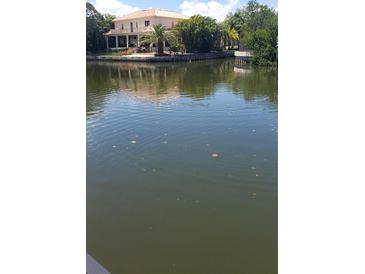 A waterfront home features lush tropical landscaping and offers direct water access at 2107 S West Shore Blvd, Tampa, FL 33629
