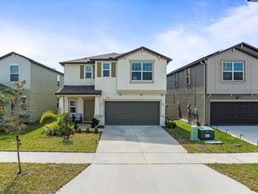 Two-story home featuring a two-car garage and neutral color palette at 17950 Beaming Rays Ln, Lutz, FL 33558