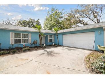 Charming light blue single story home, lush landscaping, and white two car garage at 22002 Darley Pl, Land O Lakes, FL 34639