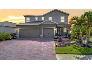 Two-story home featuring a two-car garage, brick driveway, manicured landscaping, and a palm tree in the front yard at 11605 Cleyera Ct, Riverview, FL 33579
