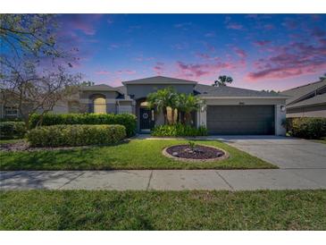 Charming single-story home featuring manicured landscaping, a two-car garage, and a welcoming front entrance at 8942 Aberdeen Creek Cir, Riverview, FL 33569