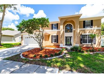 Charming two-story home with a well-manicured lawn, featuring a beautiful tree and front-facing garage at 9608 Norchester Cir, Tampa, FL 33647