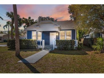 Charming blue home featuring a manicured lawn and pathway leading to the front door at 502 W Hanna Ave, Tampa, FL 33604