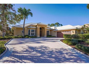Stunning single-Gathering home with a beautiful brick driveway, lush landscaping, and a well-manicured lawn at 10411 Cory Lake Dr, Tampa, FL 33647