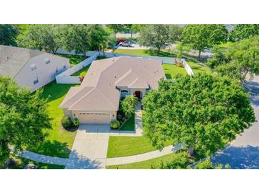 Expansive aerial view of a single-Gathering home featuring a well-manicured lawn and fenced-in backyard at 11749 Summer Springs Dr, Riverview, FL 33579