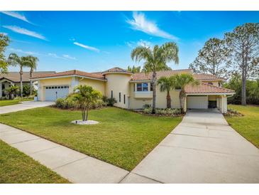 Beautiful yellow home featuring a red tile roof, well-manicured lawn, and long driveway at 2005 N Pointe Alexis Dr, Tarpon Springs, FL 34689