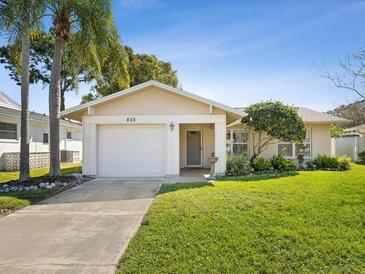 Charming single-story home featuring a well-manicured lawn and attached one-car garage at 803 Helmsman Way, Palm Harbor, FL 34685