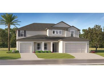 Two-story home with a neutral color scheme, a well-manicured lawn and a two-car garage at 11856 Blue Diamond Trl, Parrish, FL 34219