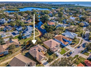 Stunning aerial view of home with lake and waterfront access in a beautiful, serene community at 1010 Blue Heron Way, Tarpon Springs, FL 34689