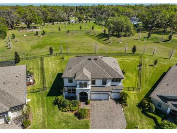 Expansive aerial view of a two-story home with a manicured lawn, mature trees, and a three-car garage at 3020 Silva Wood Dr, Valrico, FL 33596