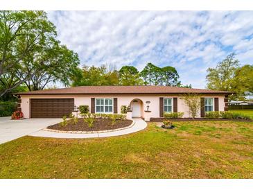 Charming single story home with a manicured lawn, garden bed, and appealing curb appeal at 15523 Woodway Dr, Tampa, FL 33613