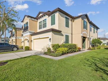 Two-story tan home with a well-maintained lawn, two car garage, and lush landscaping at 11641 Crowned Sparrow Ln, Tampa, FL 33626