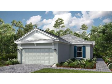 Charming single-Gathering home featuring a two-car garage, well-maintained lawn, and beautiful landscaping at 29505 Velletri Ln, Wesley Chapel, FL 33543