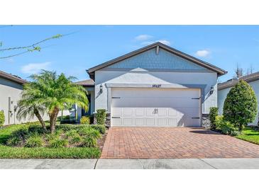 Charming single-Gathering home featuring a well-manicured lawn, lovely palm tree, and brick driveway leading to a two-car garage at 19437 Ship Wheel Way, Land O Lakes, FL 34638