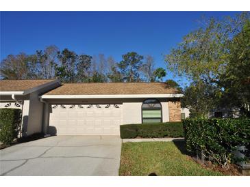 Charming single-story home with a two-car garage, well-manicured lawn, and mature landscaping at 4078 Salem Square Pkwy, Palm Harbor, FL 34685