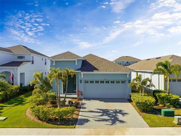 Charming single-Gathering home with a two-car garage, well-manicured lawn, and beautiful palm trees at 318 Blackrock Ln, Apollo Beach, FL 33572