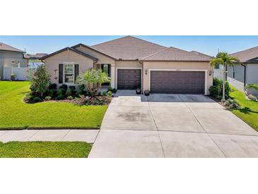 Charming single-story home features a well-manicured lawn, a three-car garage, and lush landscaping at 13822 Carlow Park Dr, Riverview, FL 33579