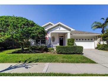 Charming single-story home with a well-manicured lawn, mature landscaping, and an attached two-car garage at 4702 Corsage Dr, Lutz, FL 33558