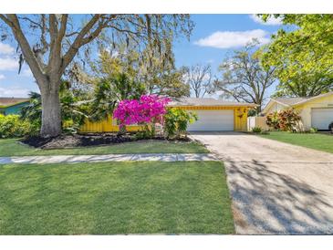 Charming yellow home featuring well-maintained landscaping, a two-car garage, and a welcoming front lawn at 2124 Crowsnest Dr, Palm Harbor, FL 34685