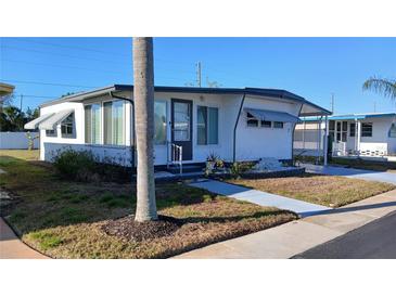 Cozy single-story home featuring a covered entry, awning-covered windows, and well-maintained landscaping at 7 Drury Ln, Tarpon Springs, FL 34689